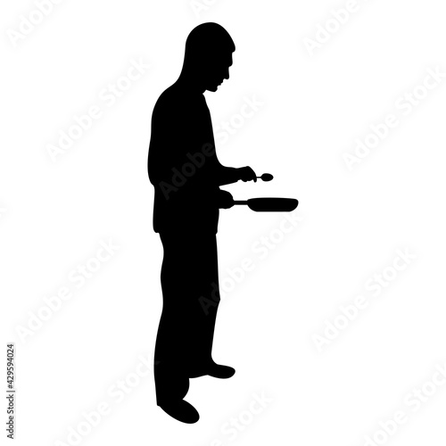 Silhouette man holds frying pan spoon chef holding kitchen utensil professional using kitchen staff concept domestic prepair food black color vector illustration flat style simple image
