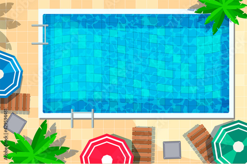 Hotel swimming pool with rest accessory top view. Water activity, tropical resort recreation. Lounge area with deck chair table under palm tree. Tourism, summertime vacation entertainment. Vector.