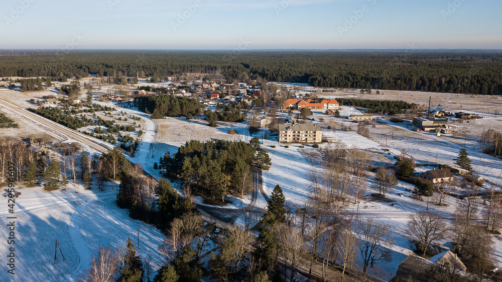Aerial view of Jurkalne village in winter day, Latvia.