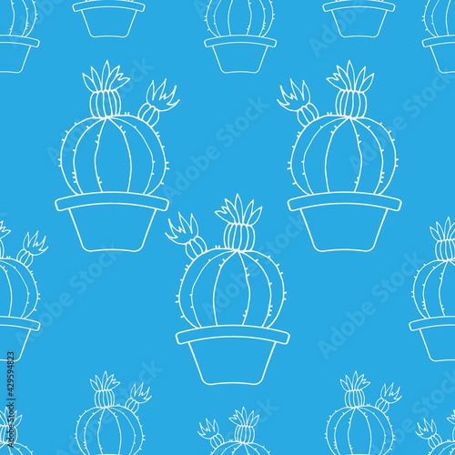 Background with cactus. Seamless pattern. Cactus in a pot. Vector. Blue background.