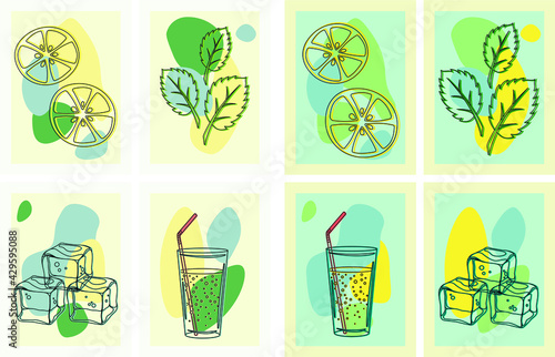 Fresh lemonade drink with ice cubes, mint and lemon. Set of abstract simple graphic design posters. Vector.
