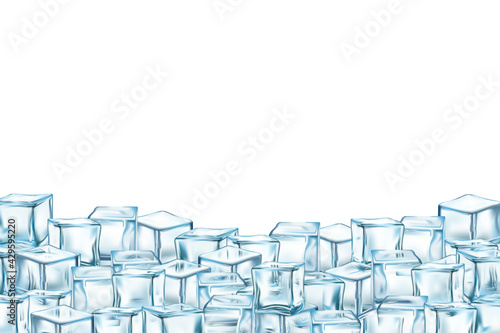 Blue ice cubes on white background. Cold frozen water in square shape vector illustration. Realistic crystal block pieces for cocktails, refrigerator. Ice cubes in pile frame design