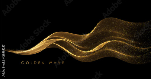 Abstract Gold Waves. Shiny golden moving lines design element with glitter effect on dark background for greeting card and disqount voucher.
