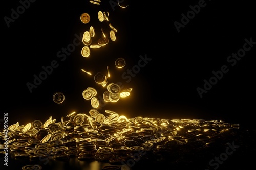 gold coins drop from sky on black background copy space .3D Rendering.