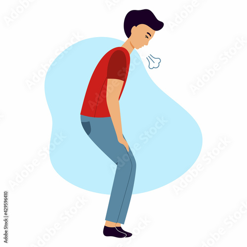 A man with heavy breathing and shortness of breath. Rapid pulse and breathing after running. Fatigue and a symptom of the disease.