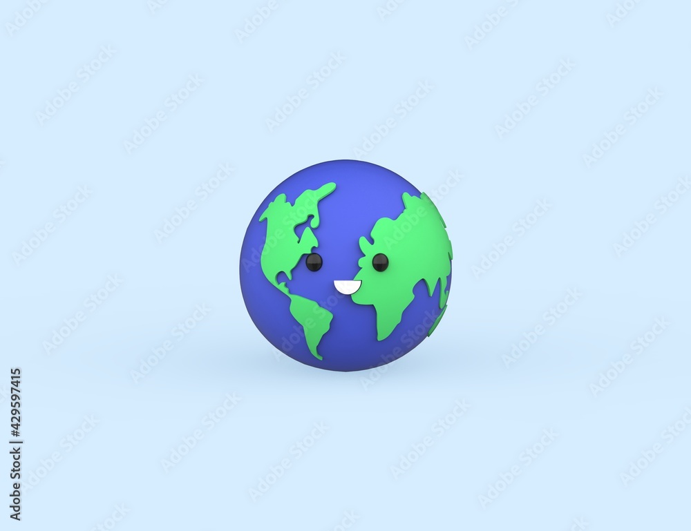 World Environment Day concept 3D happy cute Earth. Save the Planet. Render model isolated blue background.