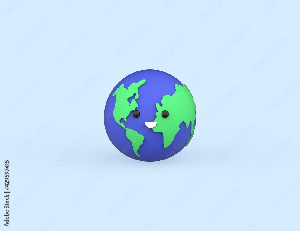 World Environment Day concept 3D happy cute Earth. Save the Planet. Render model isolated blue background. World Environment Day concept 3D happy cute Earth. Save the Planet. Render model isolated blue background.