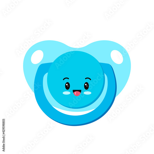 Pacifier baby dummy character with smile vector icon isolated on white background. Sign of newborn pacifier baby dummies with face - blue for boy. Flat design cartoon style clip art illustration