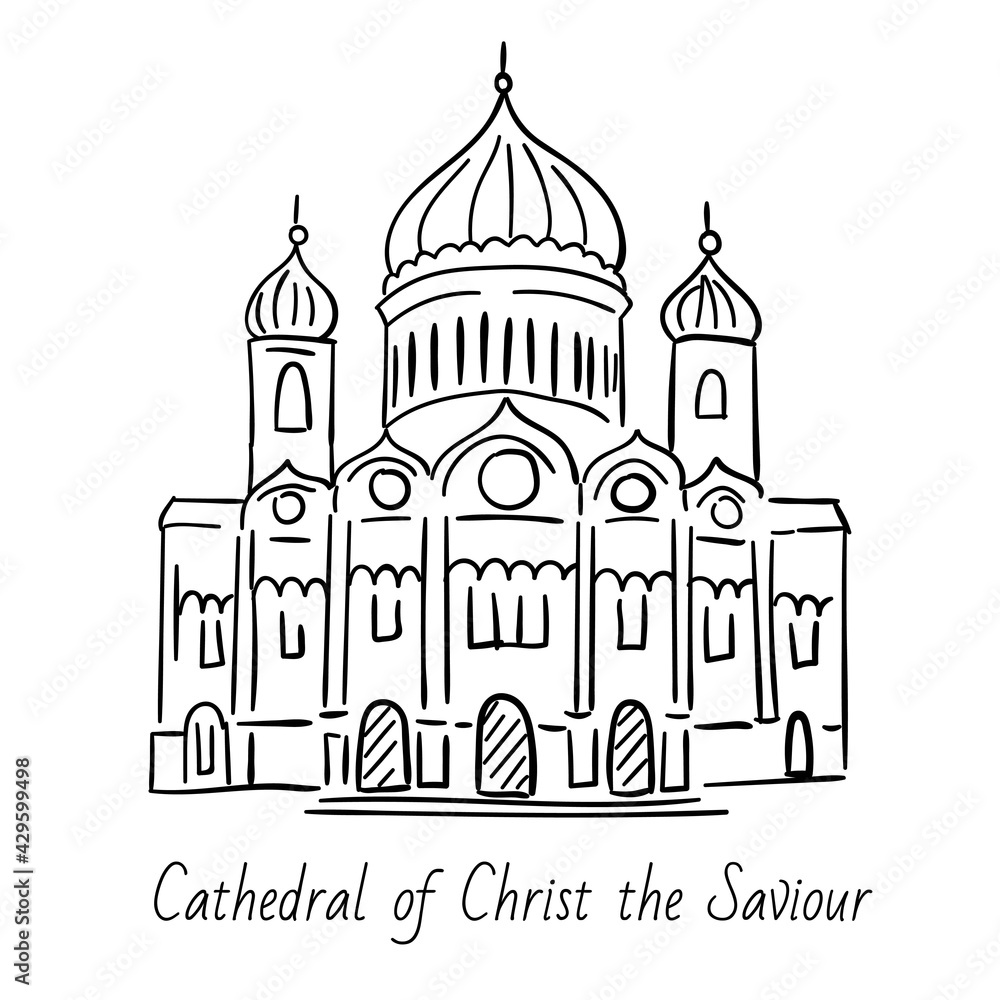 Hand drawn doodel sketch of Moscow landmarks.  Cathedral of Christ the Saviour. Black line on white background