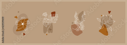 Abstract art background with botanical leaf elements vector. Hand painting brush texture decoration with modern art abstract poster design for wall decoration.