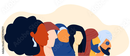 Flat illustration about brotherhood, sisterhood, bond, diversity, inclusion and togetherness without any difference. Side face of group of people, diverse and form various culture. 