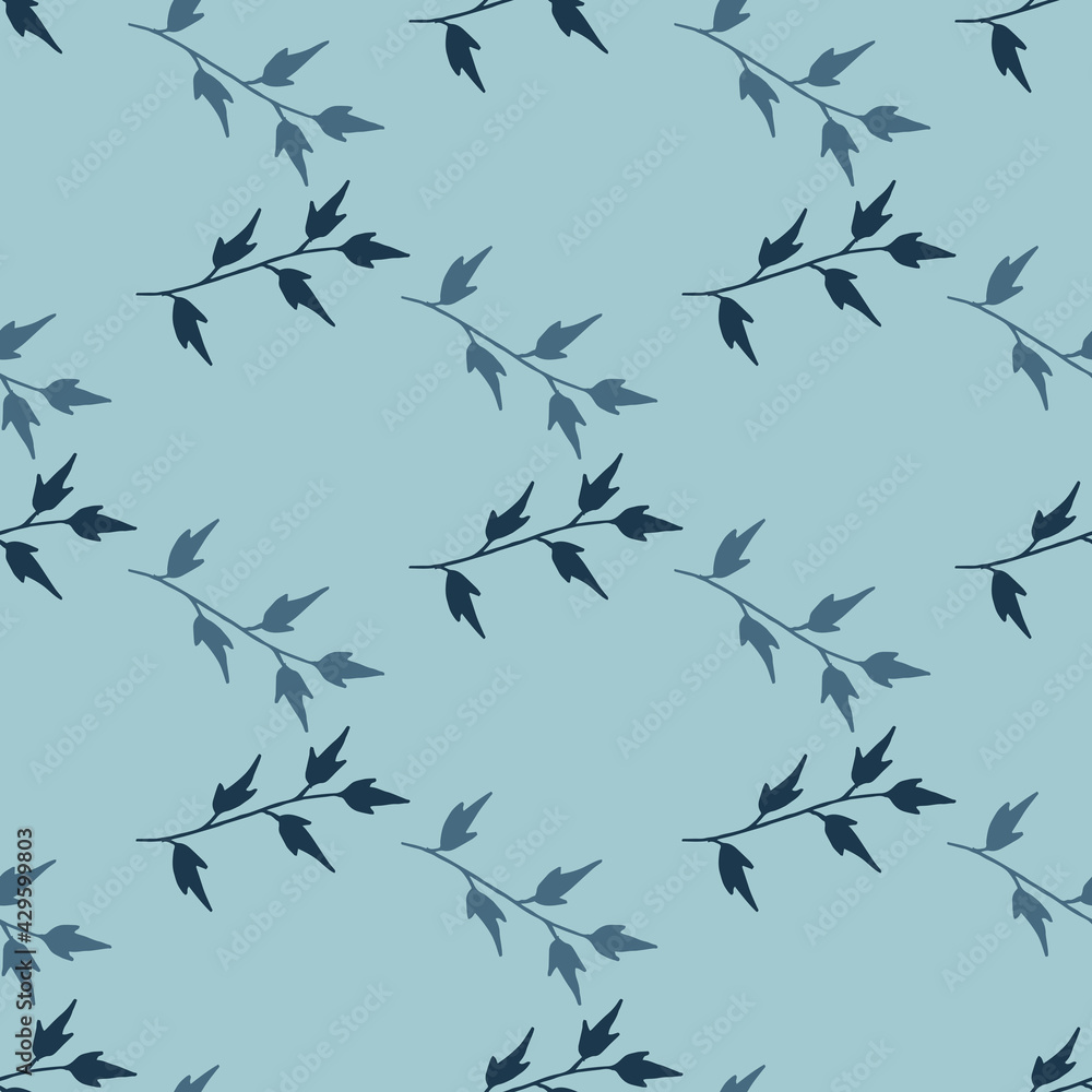 Seamless pattern with dark blue branches on light blue background. Vector image.