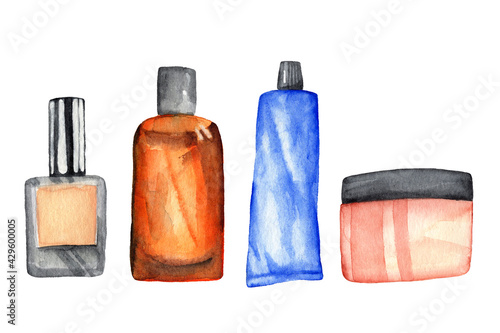 Horizontal set of cosmetic tubes  hand drawn watercolor on a white background. Clip-art beauty bottles.
