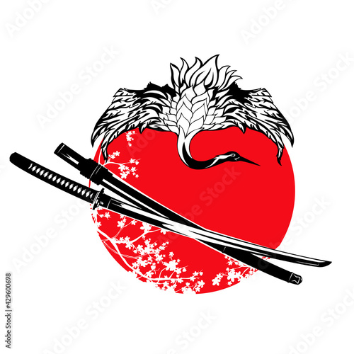 samurai katana sword, blooming sakura branches and flying crane bird - japanese martial arts vector design