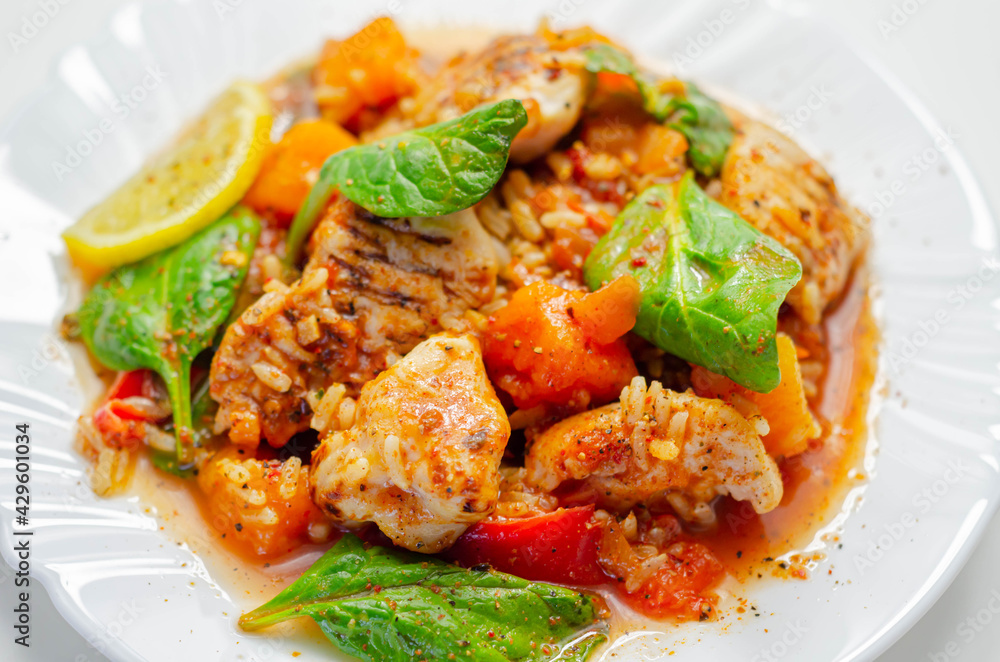 Chicken Jambalaya, cooked chicken breast pieces, in a spiced tomato sauce with chorizo, wholegrain rice, baby spinach, diced butternut squash and sliced red peppers Chicken Jambalaya, cooked chicken breast pieces, in a spiced tomato sauce with chorizo, wholegrain rice, baby spinach, diced butternut squash and sliced red peppers