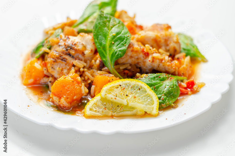 Chicken Jambalaya, cooked chicken breast pieces, in a spiced tomato sauce with chorizo, wholegrain rice, baby spinach, diced butternut squash and sliced red peppers Chicken Jambalaya, cooked chicken breast pieces, in a spiced tomato sauce with chorizo, wholegrain rice, baby spinach, diced butternut squash and sliced red peppers