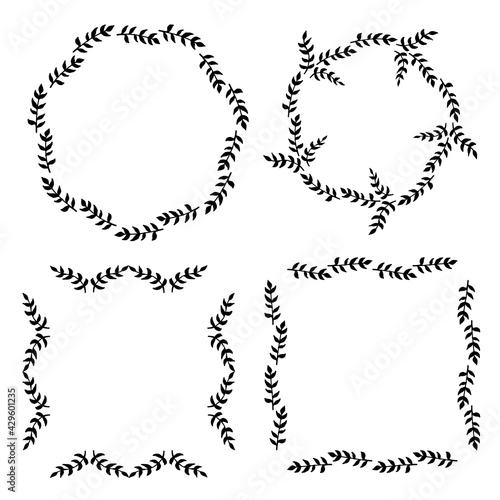 Set of 4 borders with black branches on white background. Doodle style. Vector image.