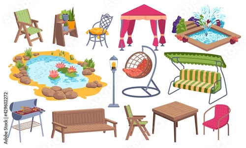 Outdoor garden furniture icon set, water pond place, bbq stuff and relaxing backyard object cartoon vector illustration, isolated on white.