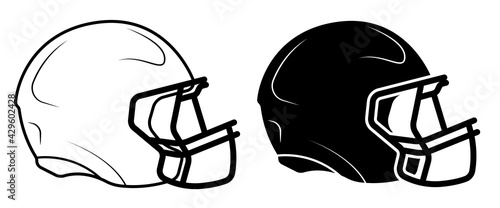 safety helmet icon with grille mask for playing American football. Protecting the athlete from injury. Black and white vector