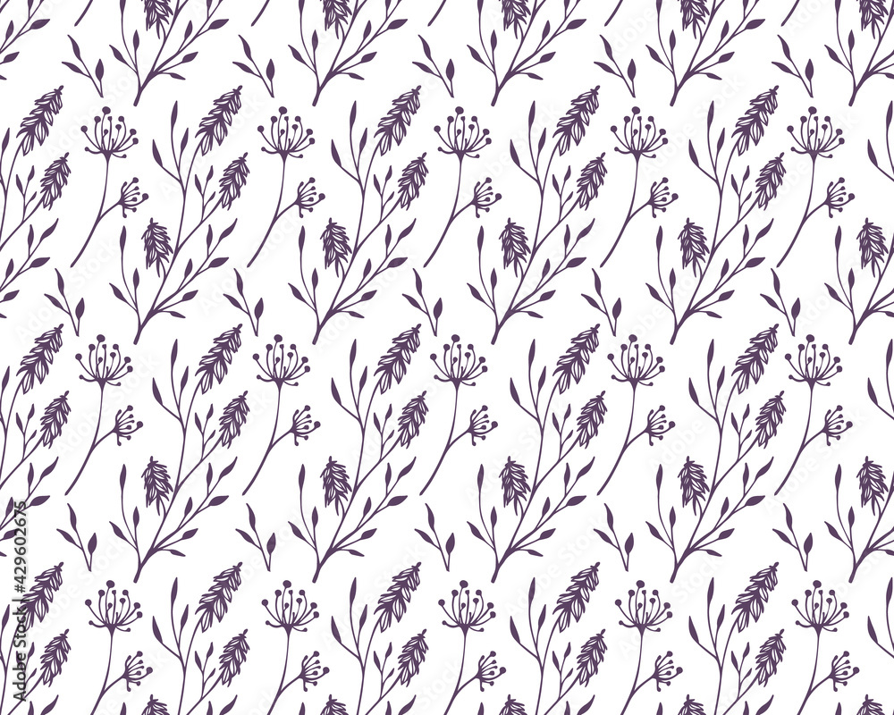 seamless pattern with herbs, flowers and leaves, background with decorative, botanical elements, stylized vector graphics seamless pattern with herbs, flowers and leaves, background with decorative, botanical elements, stylized vector graphics