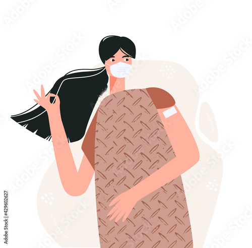 Calm woman after vaccination concept cartoon flat vector illustration. Time to vaccinate for immunity health. Minimalist modern template isolated on white background for web design, posters, cards