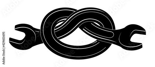 Wrench bent into a knot. Twisted spanner repair tool. Symbol of physical strength. Tattoo design isolated vector illustration.