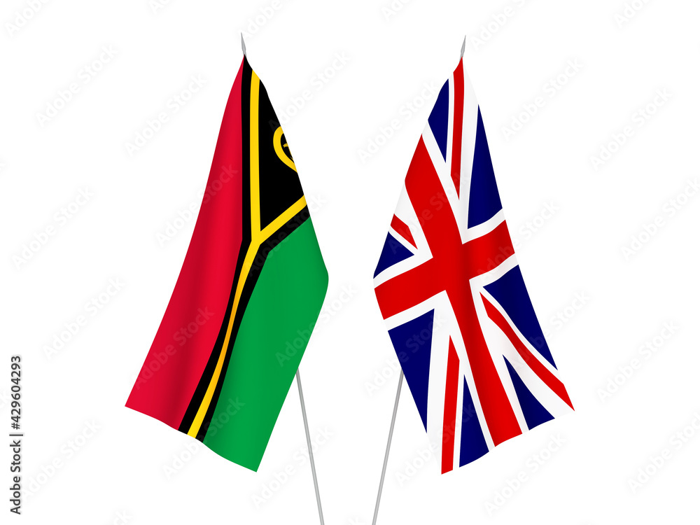National fabric flags of Great Britain and Republic of Vanuatu isolated on white background. 3d rendering illustration.
