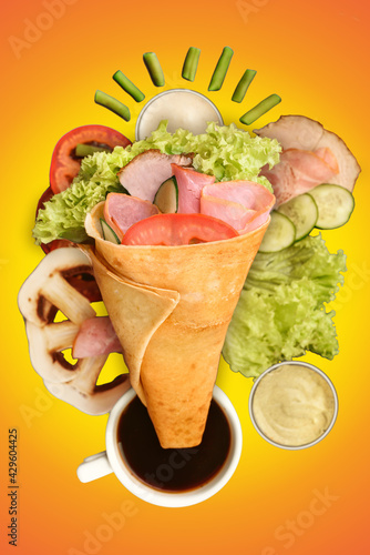 Photography Composition with pancakes a yellow background top view