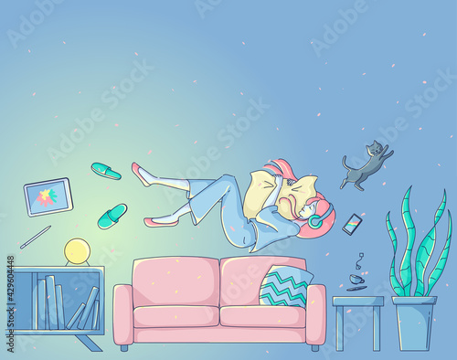 A woman flying while sleeping on the sofa in her room at night. stay home.