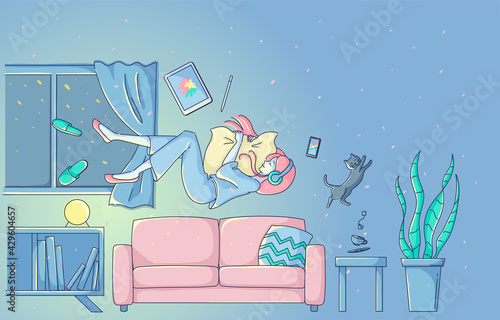 A woman flying while sleeping on the sofa in her room at night. stay home.