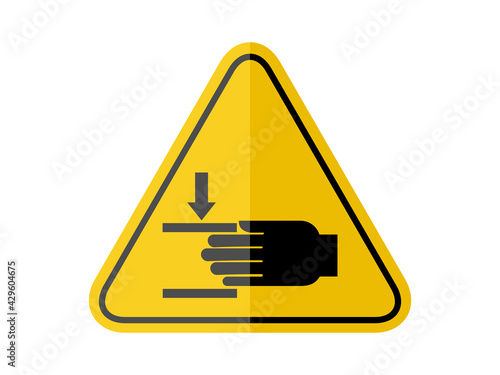 isolated watch out crushing hand, common hazards symbols on yellow round triangle board warning sign for icon, label, logo or package industry etc. flat paperwork style vector design. 