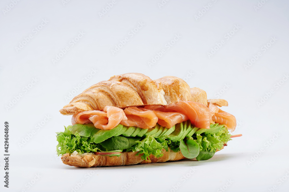 Beautiful croissant with salmon, cheese, avocado, lettuce isolated on a white plate. healthy breakfast. close up Beautiful croissant with salmon, cheese, avocado, lettuce isolated on a white plate. healthy breakfast. close up