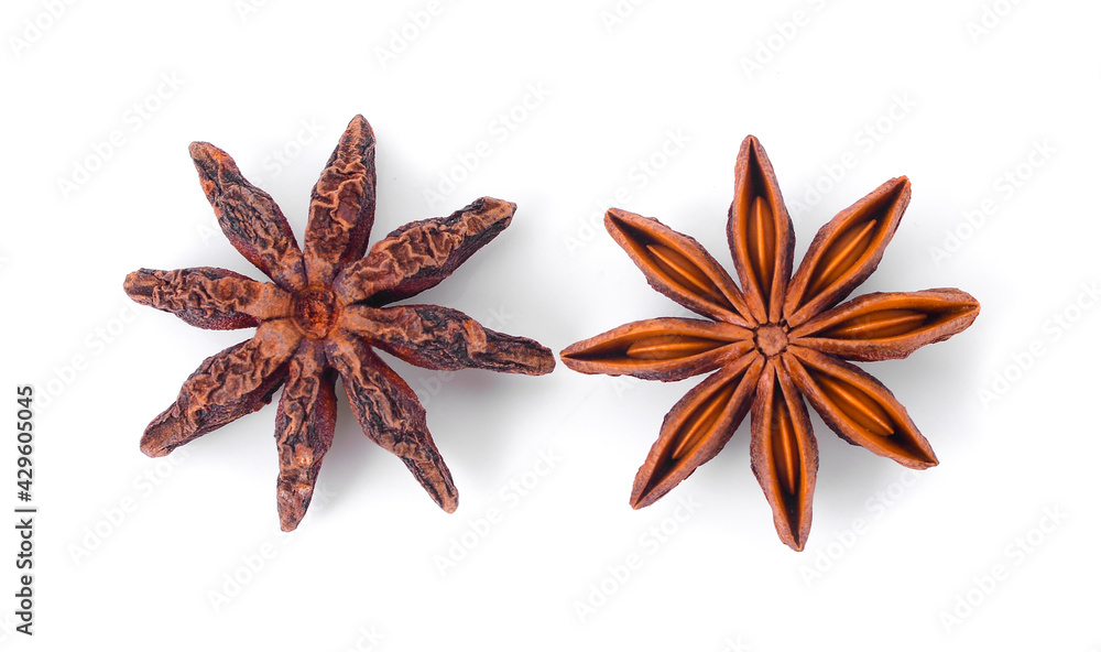 Star anise spice fruits and seeds isolated on white background Star anise spice fruits and seeds isolated on white background