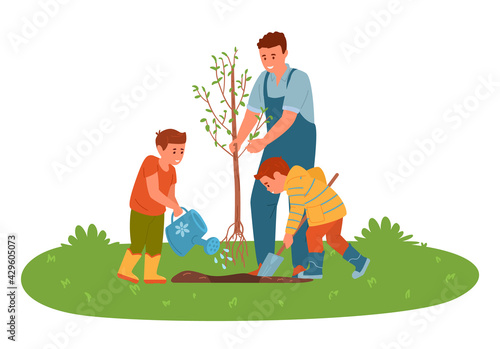Father With Sons Planting A Tree In The Garden. Boy Digging And Watering. Flat Vector Illustration.