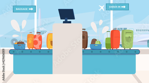 Airport luggage security x ray scanning area, baggage check in place, modern aeroport terminal front desk flat vector illustration.