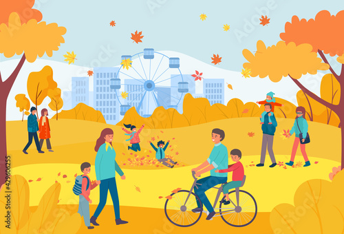 Cheerful character people relax walk orange national autumn park, group human stroll together urban outdoor flat vector illustration.