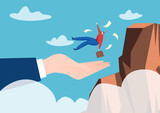 Businessman hand help to entrepreneur, world financial banking crisis, business person jump rock flat vector illustration.