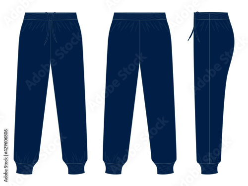 Navy Blue Tracksuit Pants Template on White Background. Front, Back and Side Views, Vector FIle.