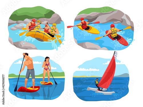 Extreme sport adventure set. People sailing, use sup boards, rowing in canoe and kayak, rafting. Outdoor risky recreation and exercise vector illustration