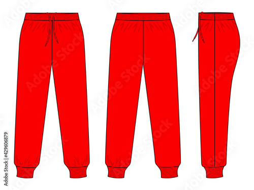Red Tracksuit Pants Template Vector On White Background.Front, Back and Side View.