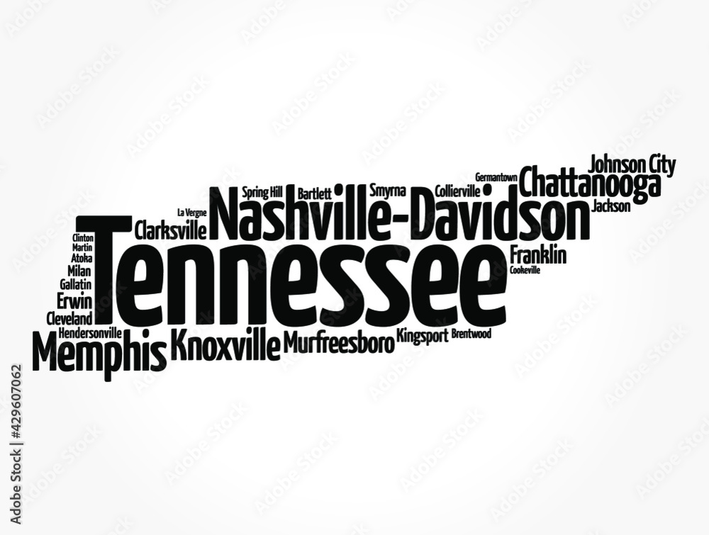 Obraz premium List of cities in Tennessee USA state, map silhouette word cloud map concept