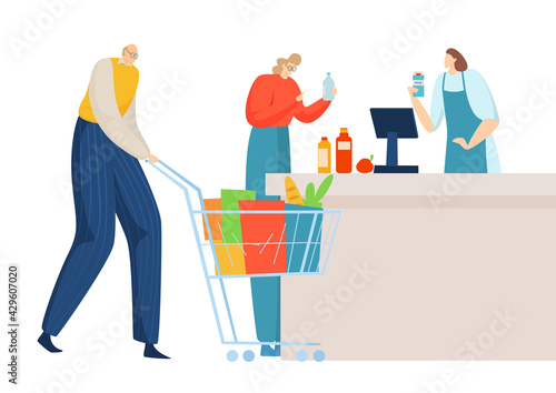 Lovely family couple standing cash register supermarket shopping, full food trolley cart flat vector illustration, isolated on white.