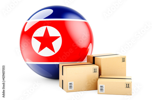 Parcels with flag of North Korea. Shipping and delivery in North Korea, concept. 3D rendering