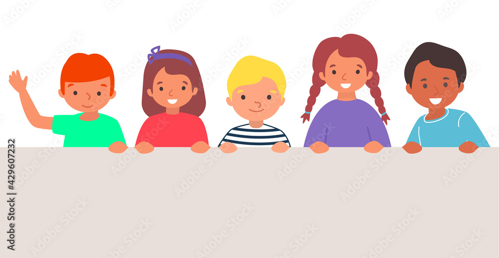 Funny cheerful group character little kid standing hold empty banner, children wave hand, smiling child flat vector illustration, isolated on white. Funny cheerful group character little kid standing hold empty banner, children wave hand, smiling child flat vector illustration, isolated on white.
