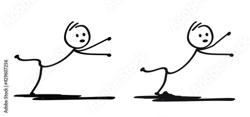 Hand drawn fall person, stickman man falling or stumbled over stone on street. Stick figure man stumble trip. Vector cartoon sketch sign. Falling and felling down