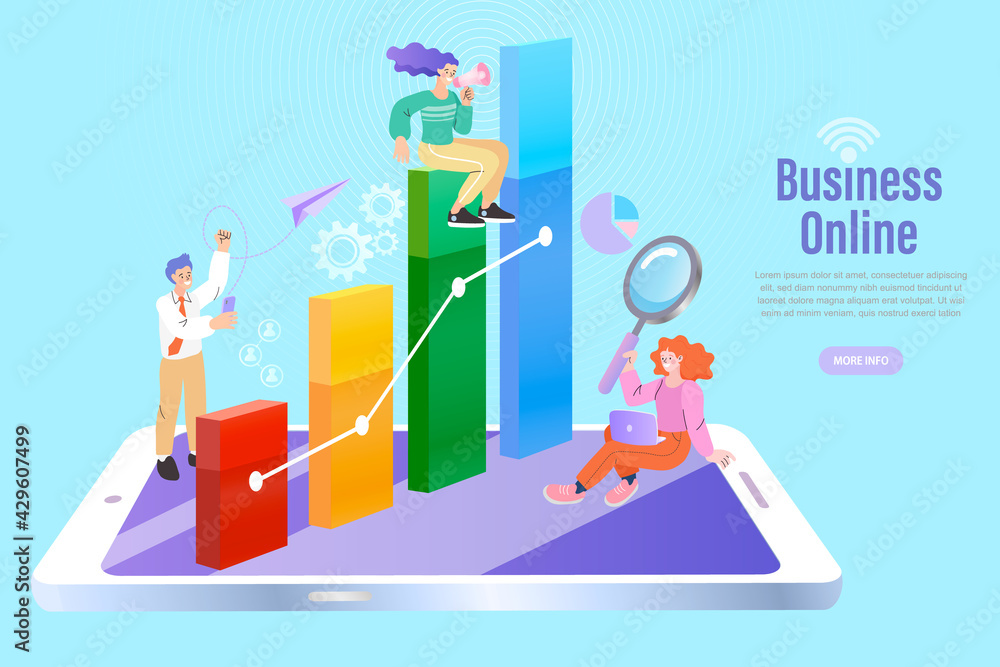 Financial and economic growth. Statisctics and sales analysis concept. woman holding growing stat data blue arrow in hands. Vector illustration