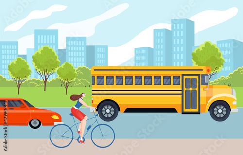 Concept modern city transport banner, woman character ride bicycle on road, yellow school bus and personal car flat vector illustration.