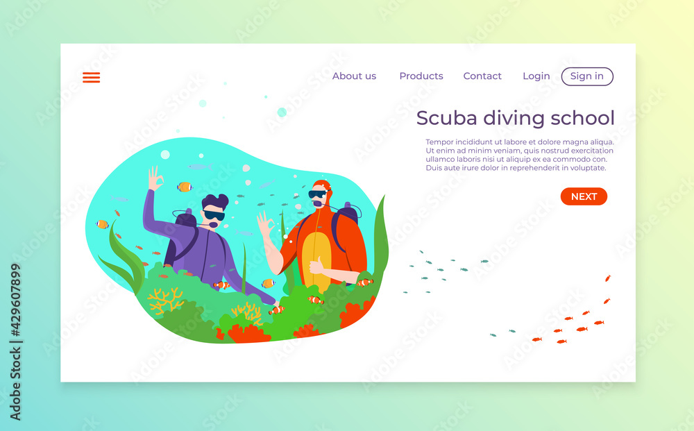 Diving club landing web banner, extreme sport tropical ocean, professional character diver explore underwater life flat vector illustration.