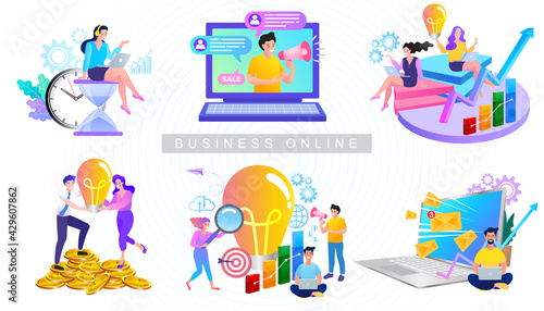 Collection of scenes at office with men and women taking part in business activity. Business concept. Online business, key to success, leadership, startup teamwork, collaboration abstract metaphor.