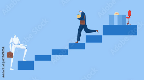 Technology business artificial intelligence replacement character employee, businessman descent stair flat vector illustration, isolated on blue.
